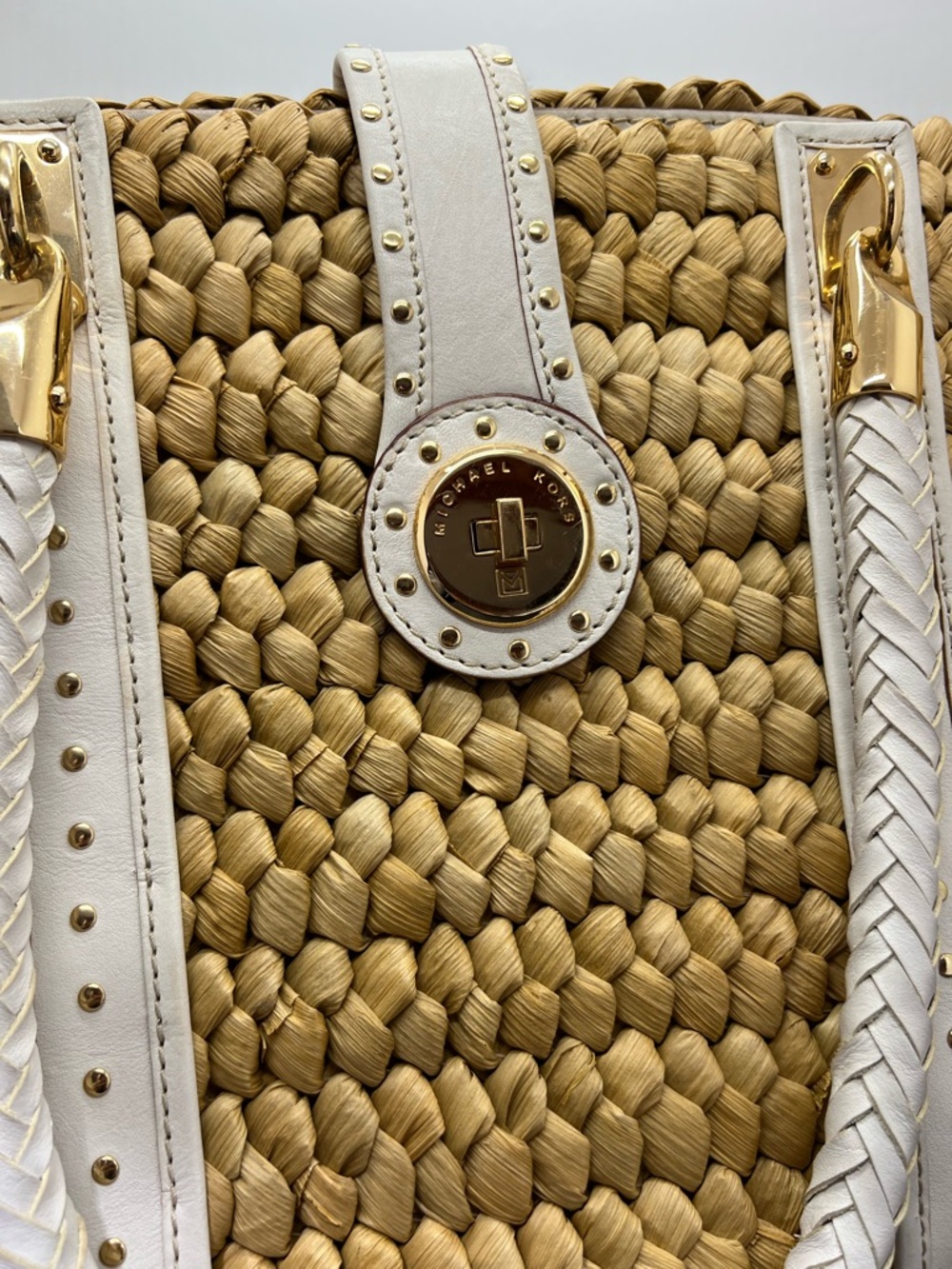 Michael Kors Santorini Woven Straw Tote Ivory Leather Trim Large Bag - Picture 3 of 11